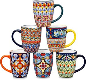 16 oz Coffee Mugs Set of 6, Large Ceramic Mug with Handle, Boho Coffee Cups for Latte, Cappuccino & Hot Chocolate 16 oz Coffee Mugs Set of 6, Large Ceramic Mug with Handle, Boho Coffee Cups for Latte, Cappuccino & Hot Chocolate